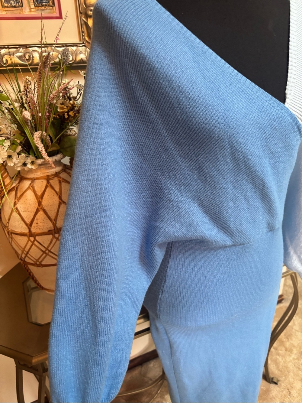 Colorblock Blue Knit Wrap Body-con V-Neck Wrap Midi Dress by Theenkoln Size Med - Picture 5 of 9